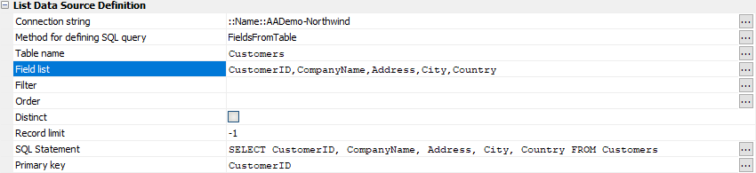 The List Data Source Definition completely configured
to work with the Customers table in the Northwind database.